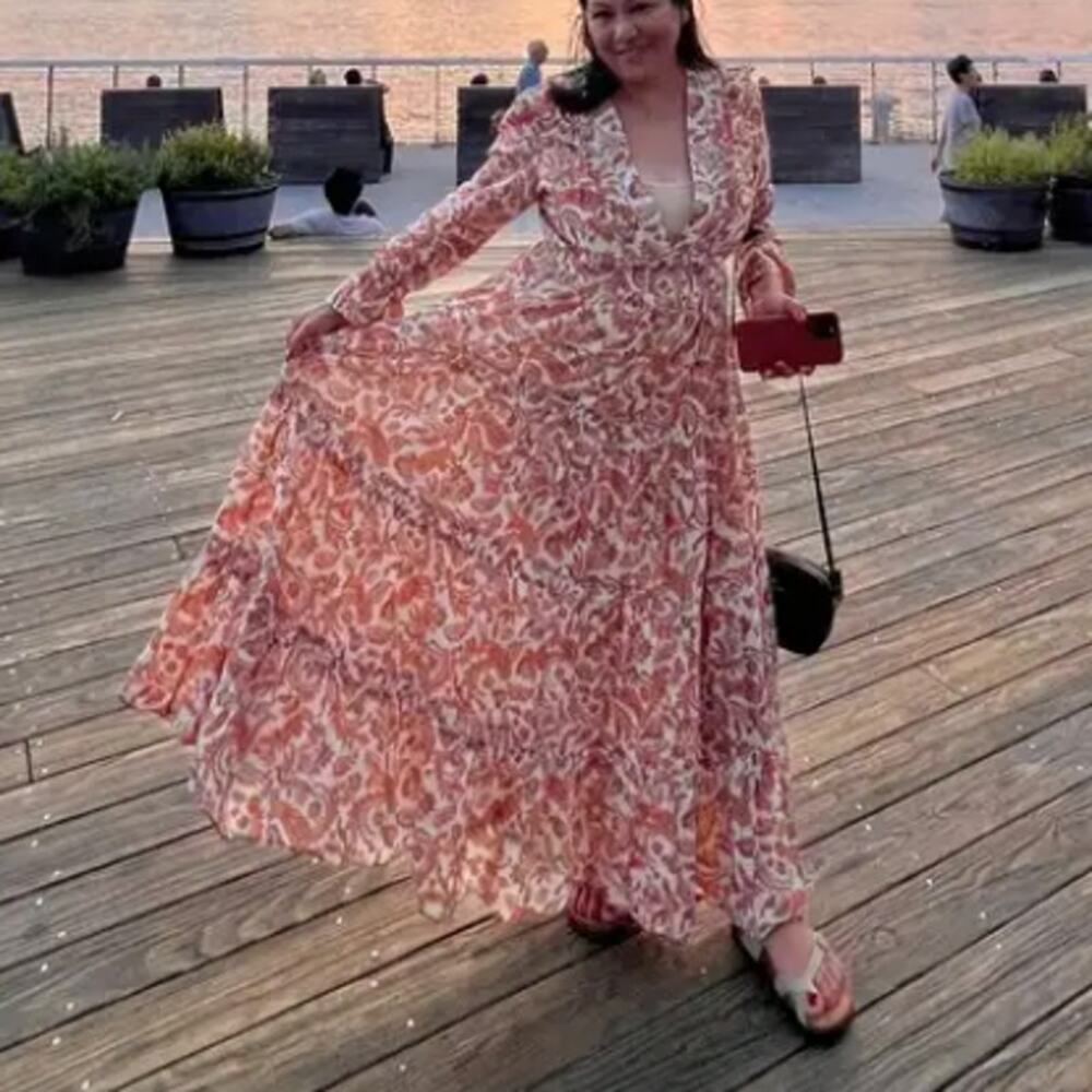 Maje Brown Floral Peasant Maxi Dress Size 0 Prairie Ruffle Designer Cottage $535 - Picture 5 of 13